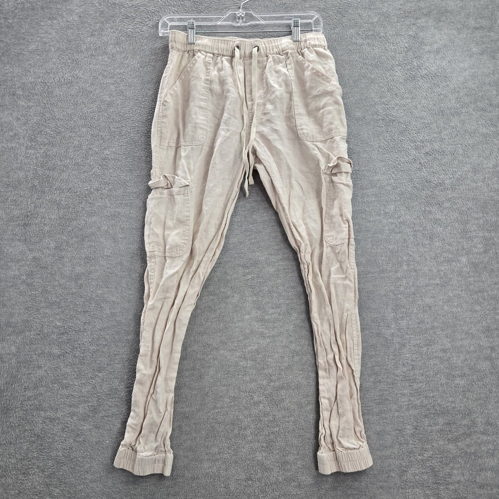 Nicole Miller Women Pants S Beige 100% Linen Cargo Drawstring 27" Inseam READ